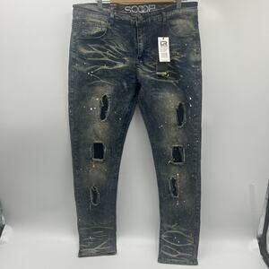 NWT LR Scoop Jeans Mens 34x32 Blue Painted Moto Skinny Fit Stretch Jean